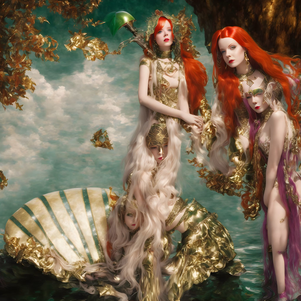 Ethereal women in gold attire standing in water among floating leaves