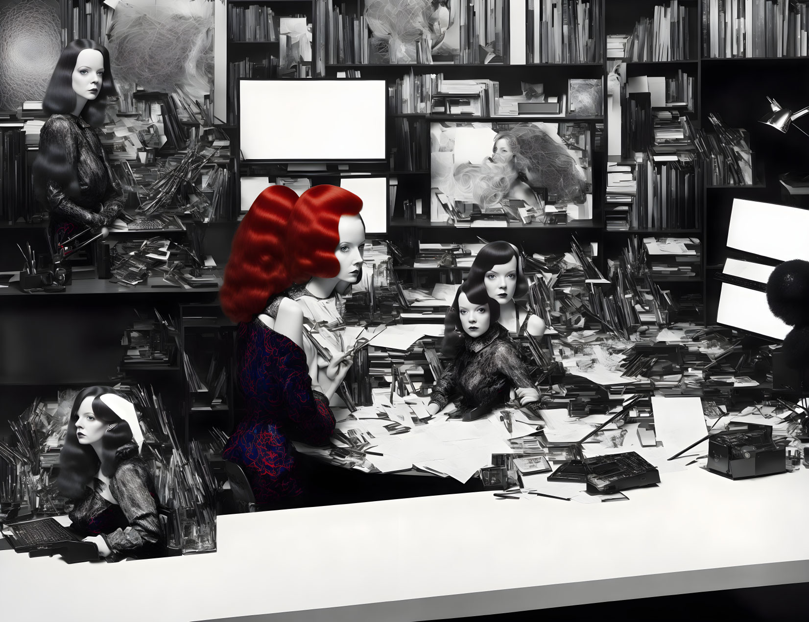 Monochrome art: red-haired figure among mannequins and cluttered space