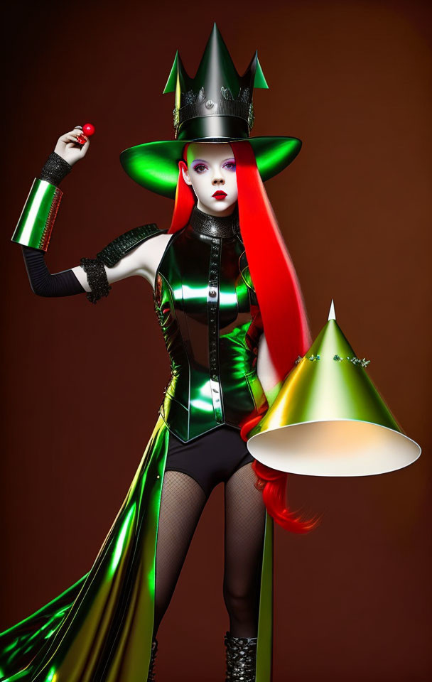 Surreal portrait of woman with white skin and red hair in green metallic outfit against brown background