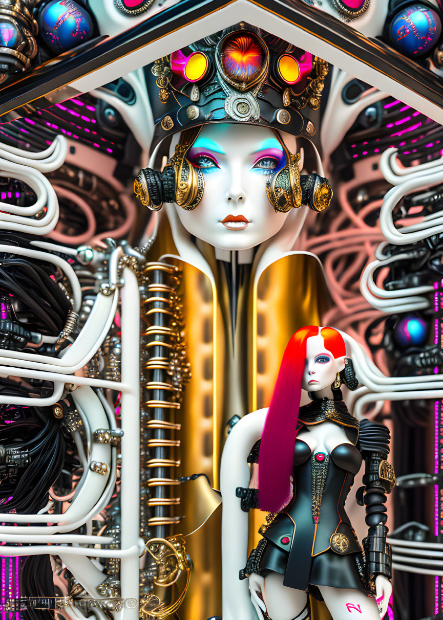 Futuristic androids with colorful headgear and detailed mechanical background