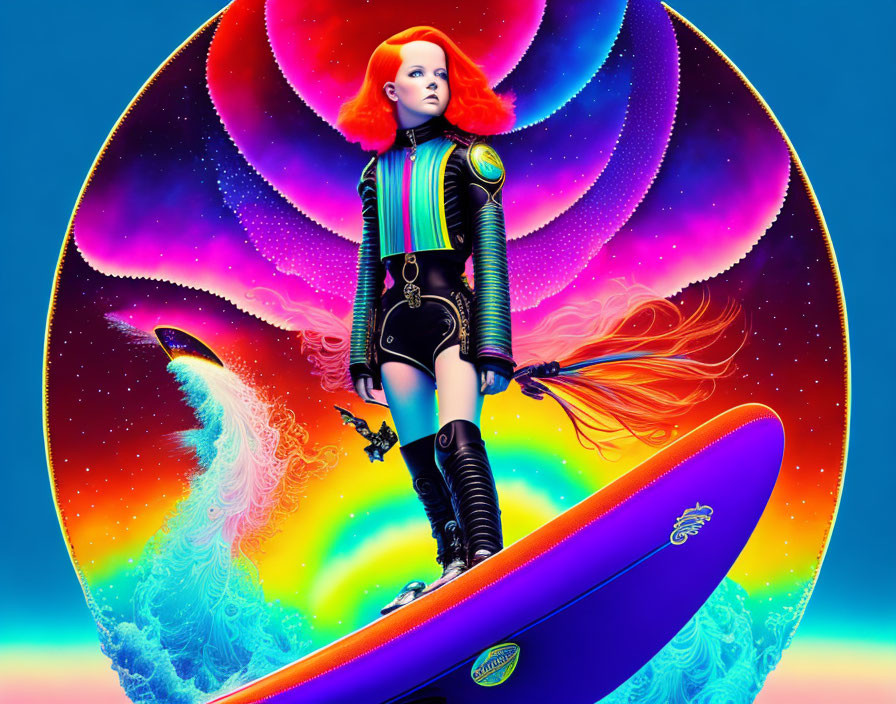 Red-haired woman in futuristic suit on surfboard amidst cosmic waves.