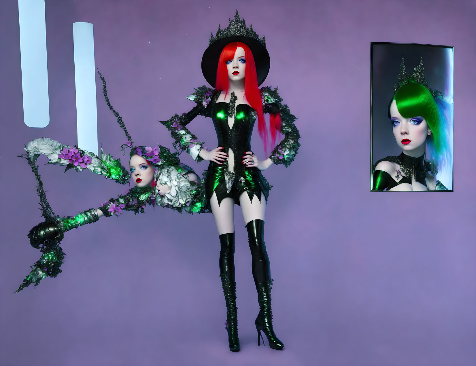Red-haired figure in black outfit with hat on purple background with fantastical mannequin parts