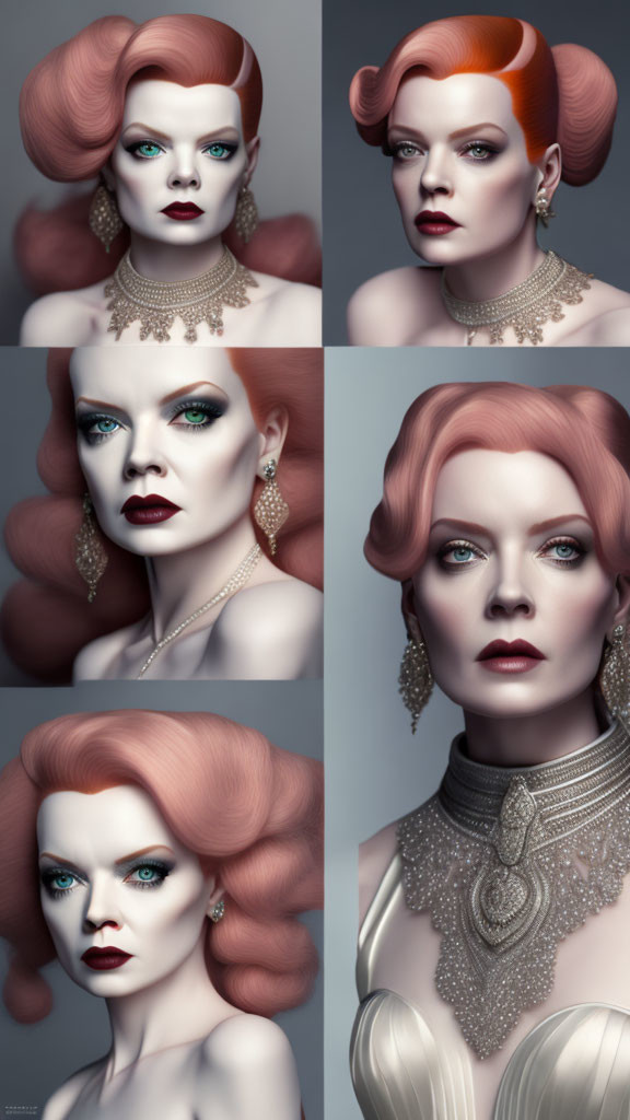 Stylized woman portraits with red hair, makeup, earrings, and necklaces