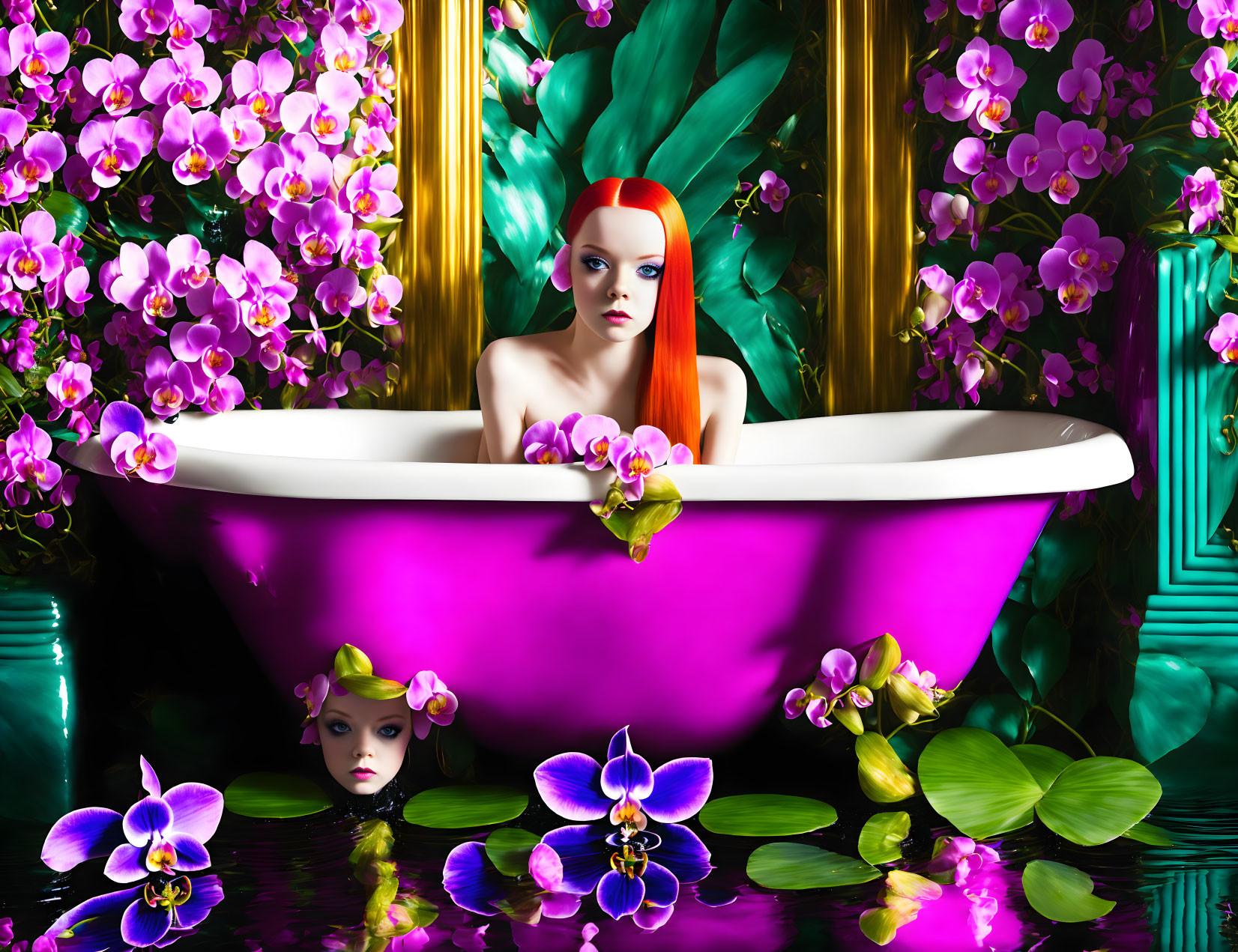 Woman in Pink Bathtub Surrounded by Orchids and Floating Mask