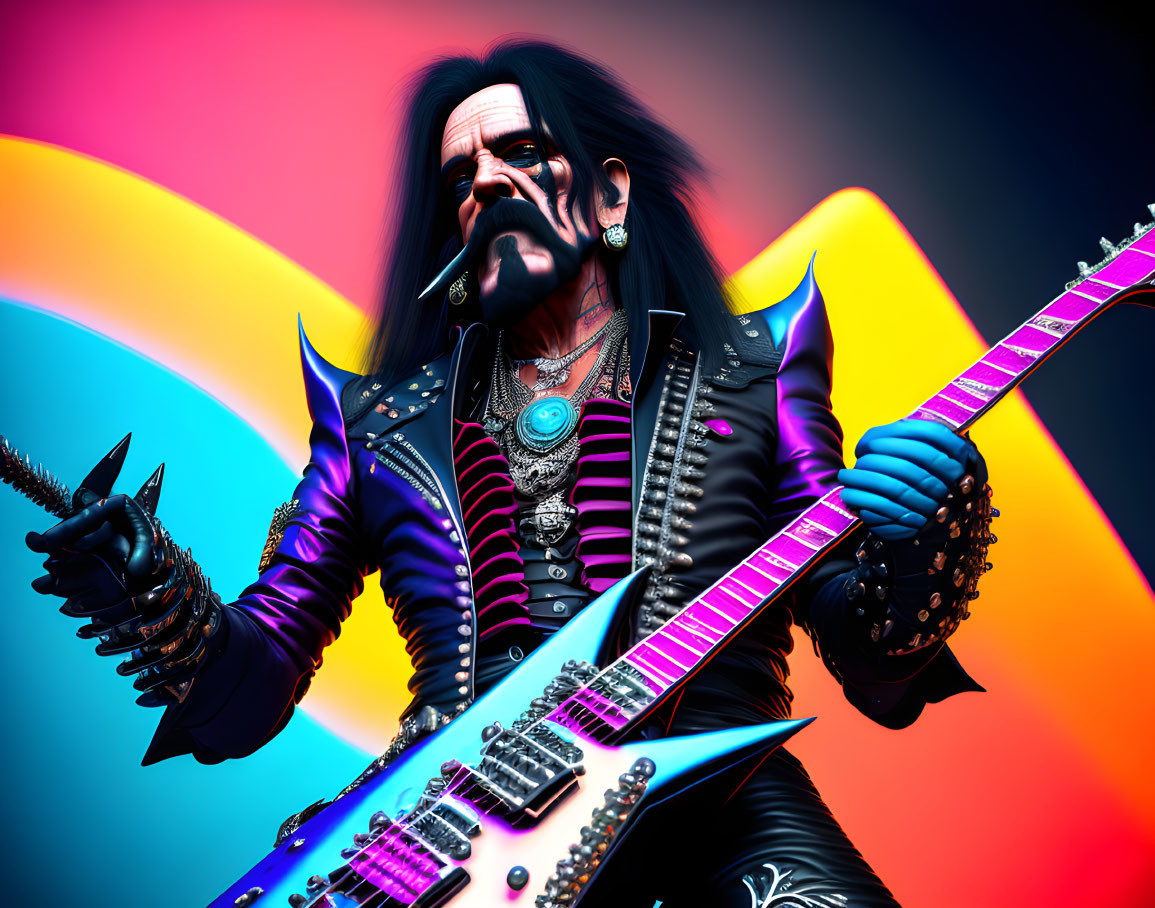 Flamboyant rock musician with double-neck guitar in digital art