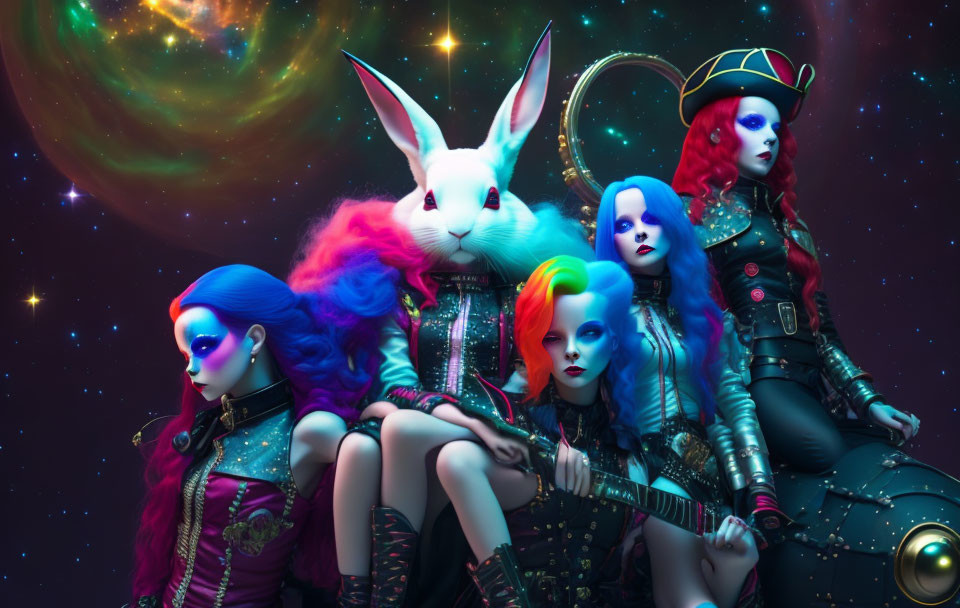 Colorful Futuristic Group Portrait with Eclectic Costumes and Cosmic Backdrop
