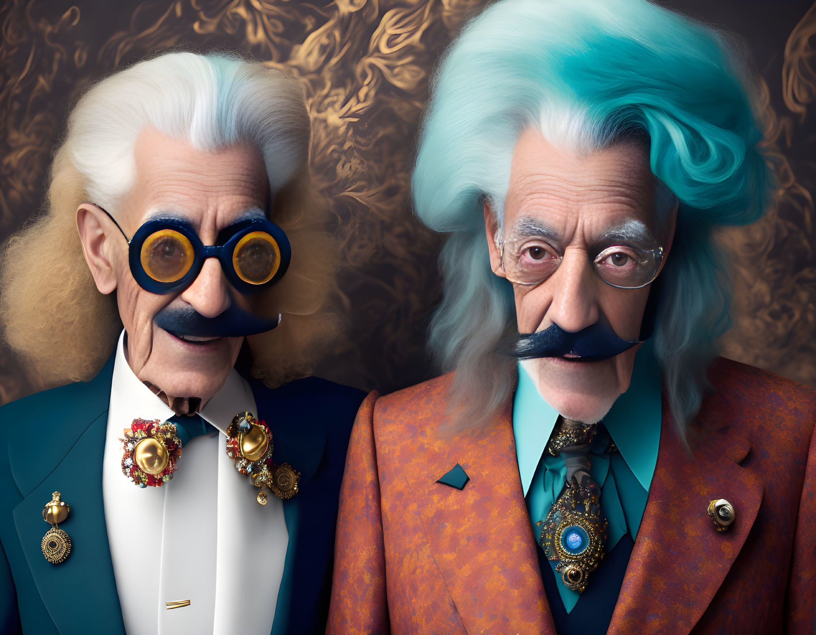 Colorful elderly gentlemen in whimsical suits with large mustaches and medals pose against patterned backdrop