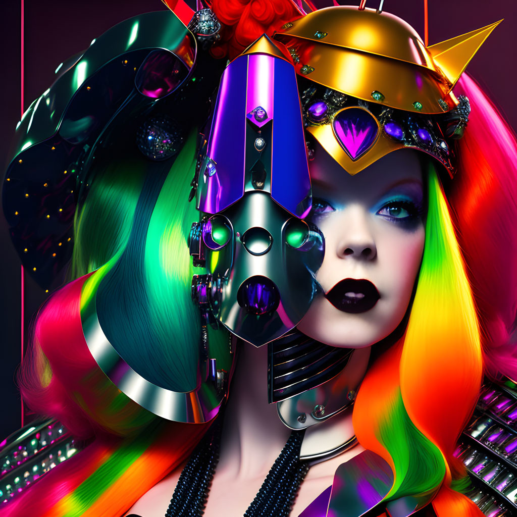 Colorful futuristic helmet portrait of female figure