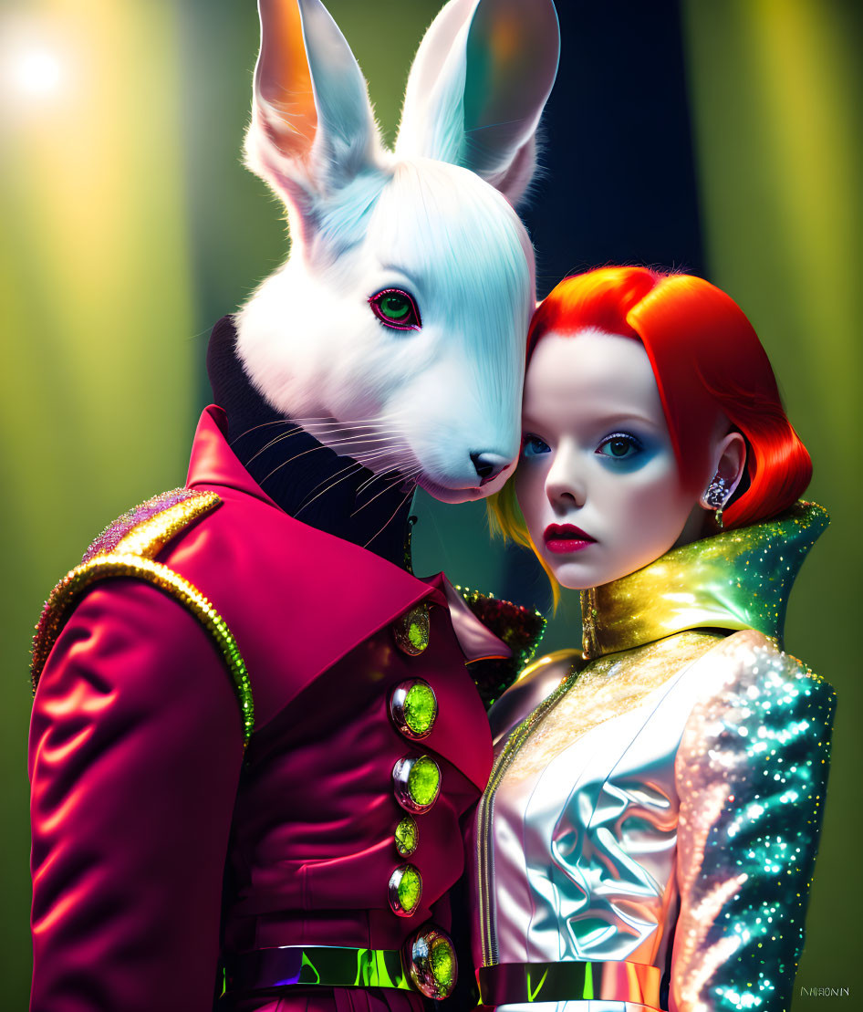 Red-haired woman in shiny costume next to figure with human body and rabbit head in red jacket.