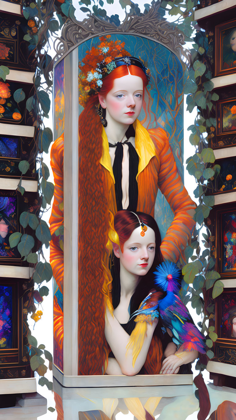 Two women in artistic makeup and clothing surrounded by colorful, patterned panels and vines.