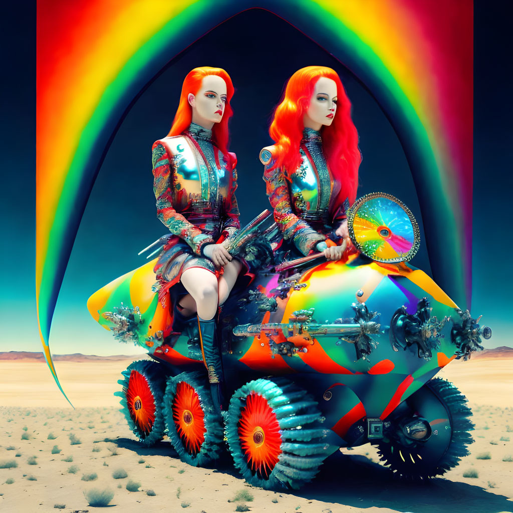 Stylized figures with red hair and body art on colorful quad bike in desert landscape