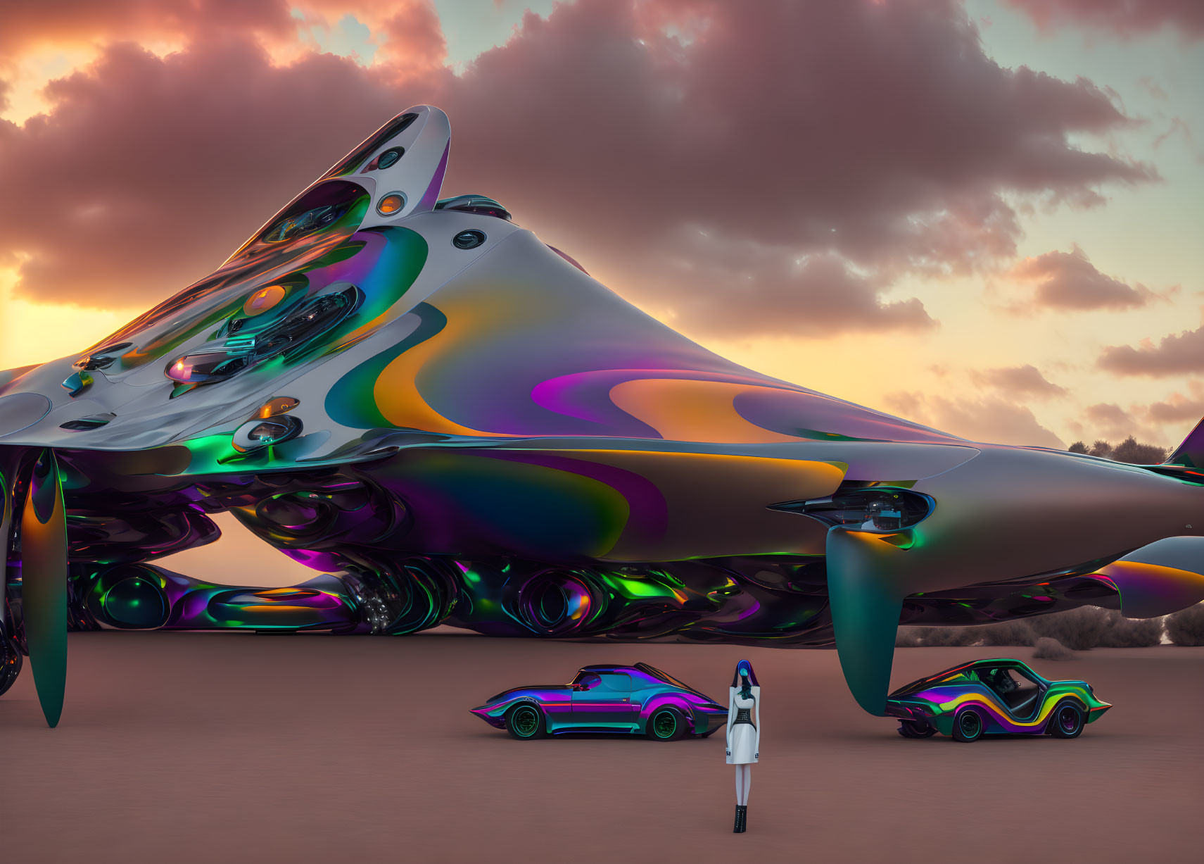 Iridescent spaceship, futuristic cars, and astronaut at dusk