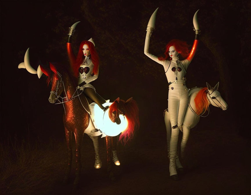 Fantasy characters with horns and red hair riding glowing horses in a mystical forest.