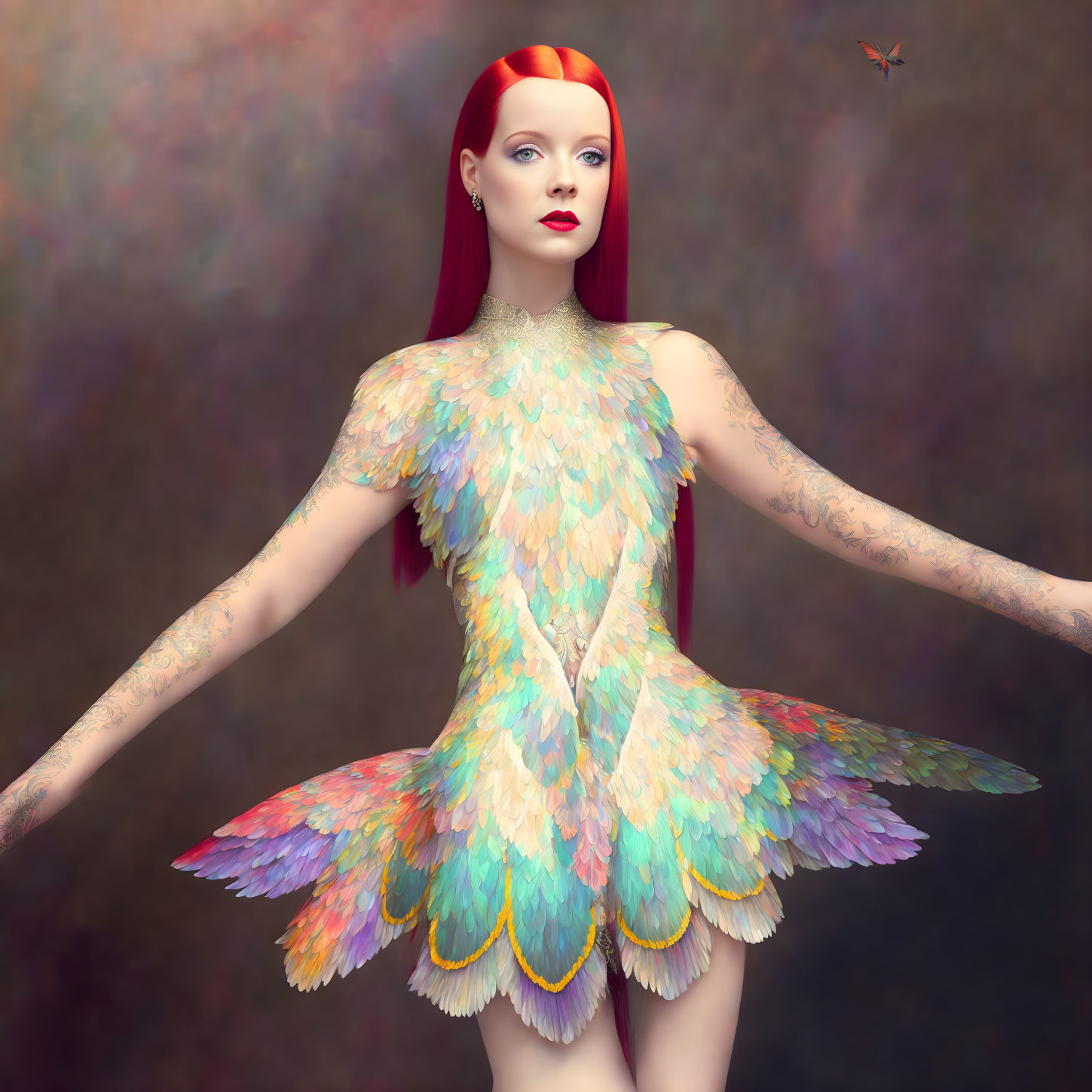 Red-haired woman in feathered dress against textured backdrop with butterfly