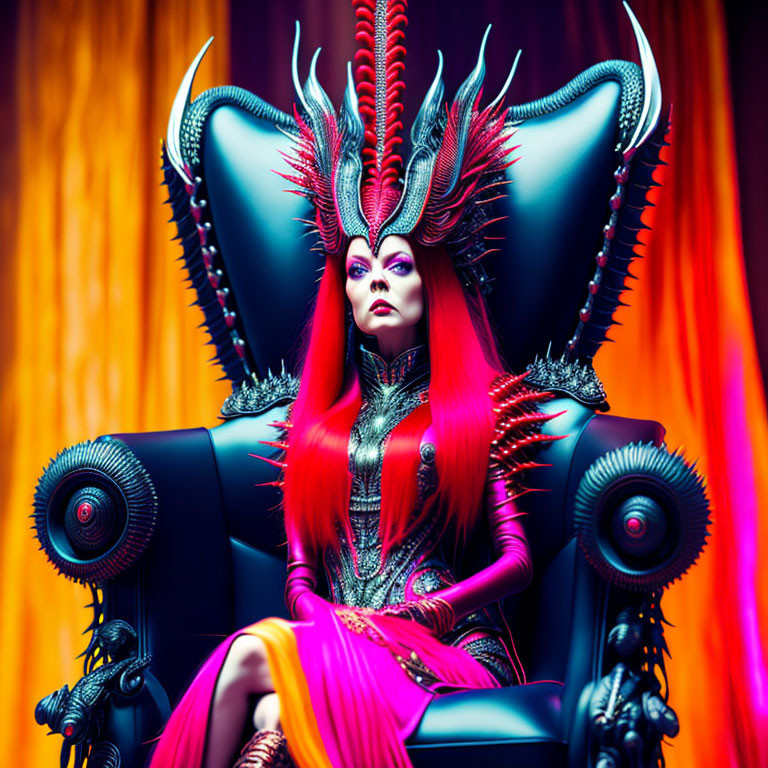 Red-haired figure with horned headdress on throne radiates power.