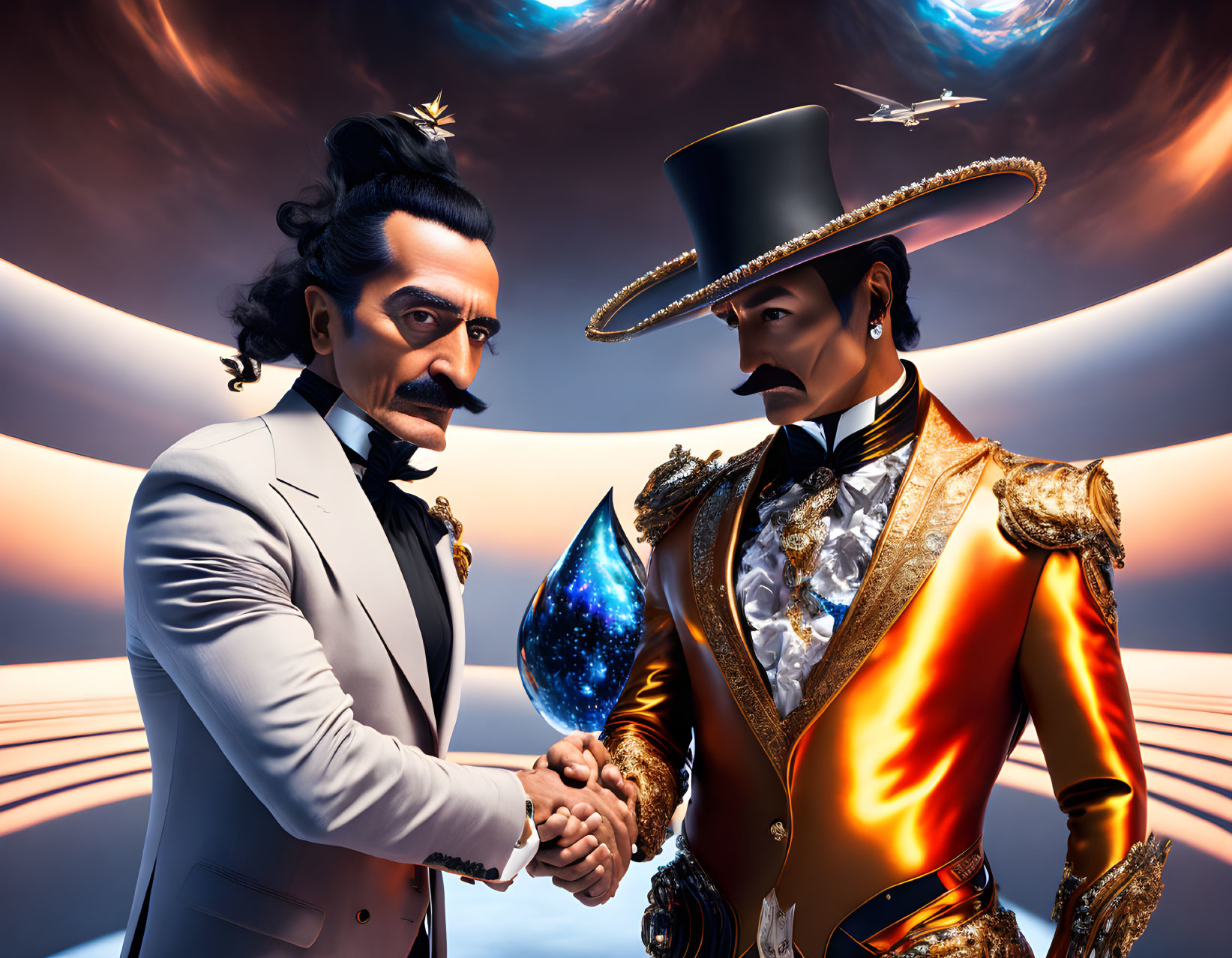 Stylized digital characters in elaborate costumes shaking hands under surreal sky