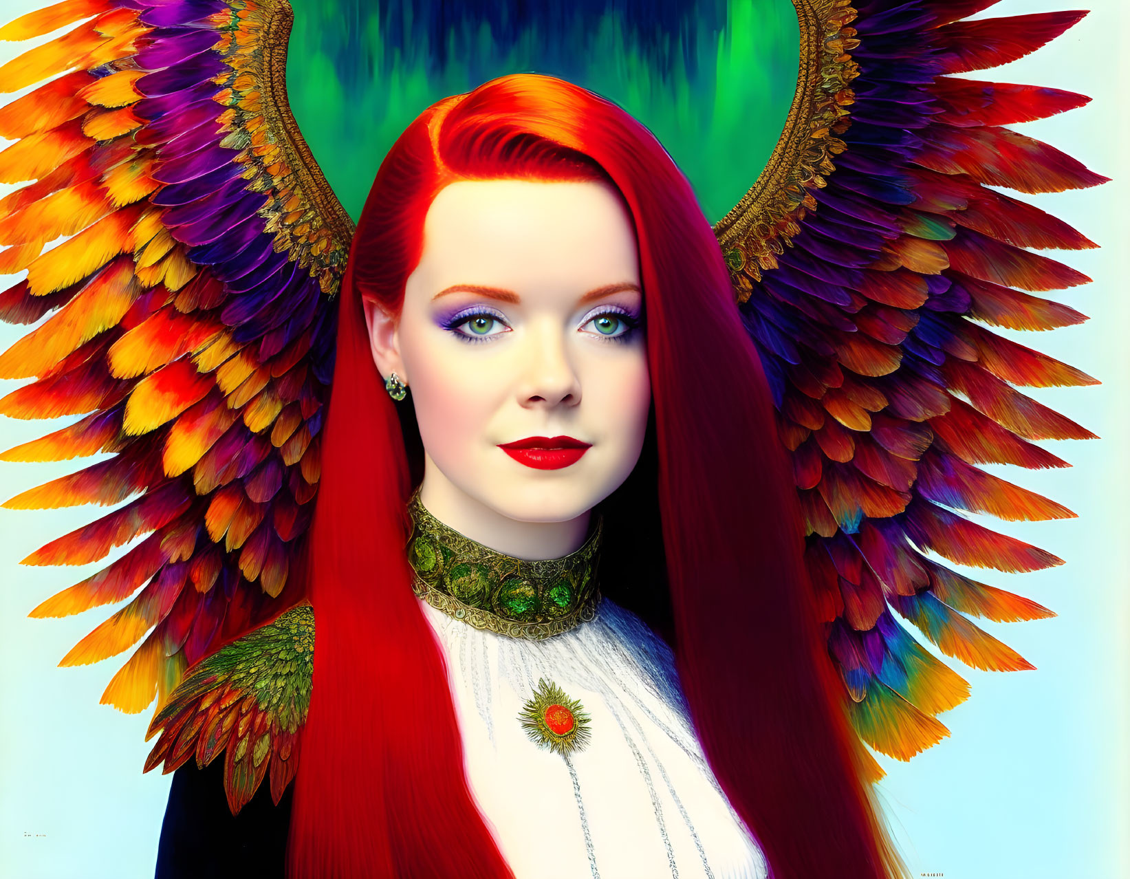 Colorful digital artwork: Woman with red hair, phoenix-like wings, blue eyes, and green ch