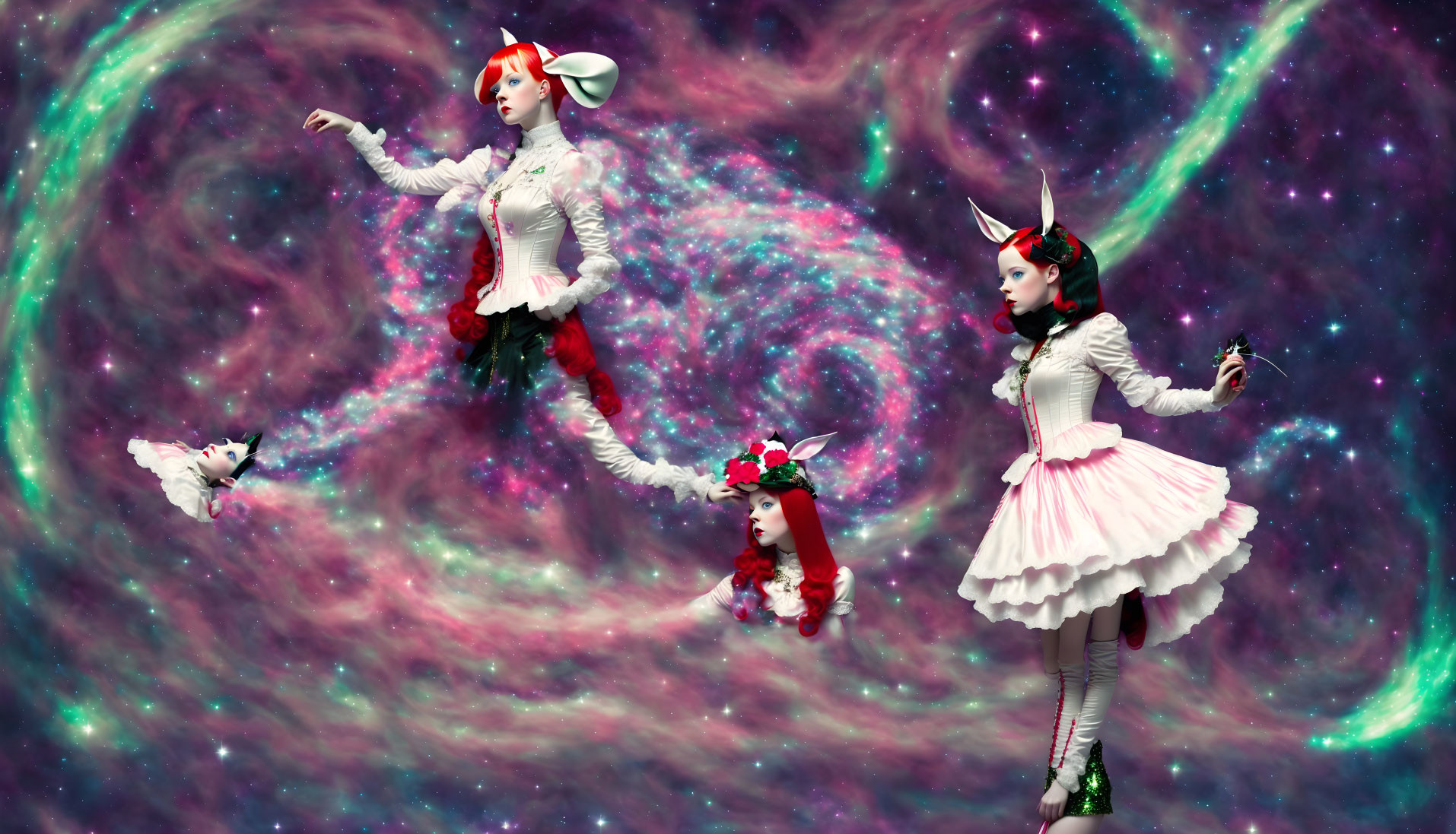 Fantastical humanoid cat figures in cosmic galaxy setting