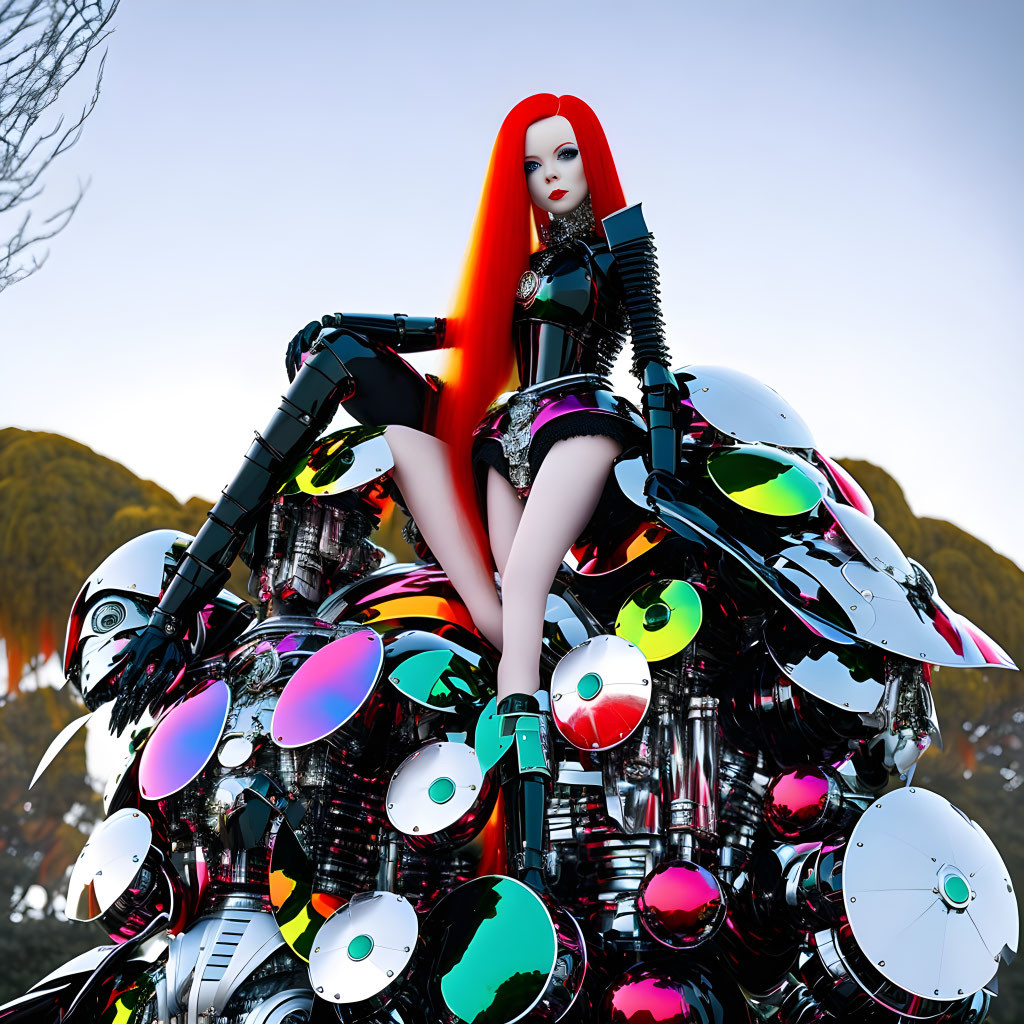 Futuristic female figure on metallic sphere throne with red hair in nature setting