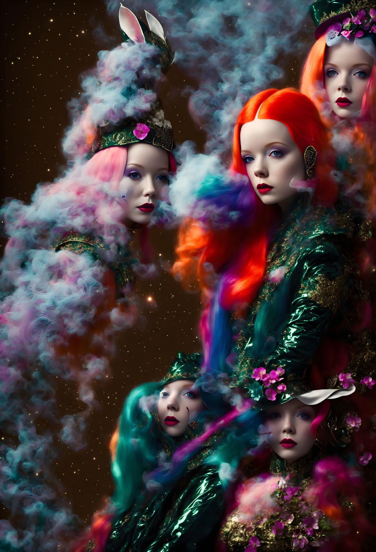 Four women in vibrant hair and floral attire amid colorful smoke on dark background