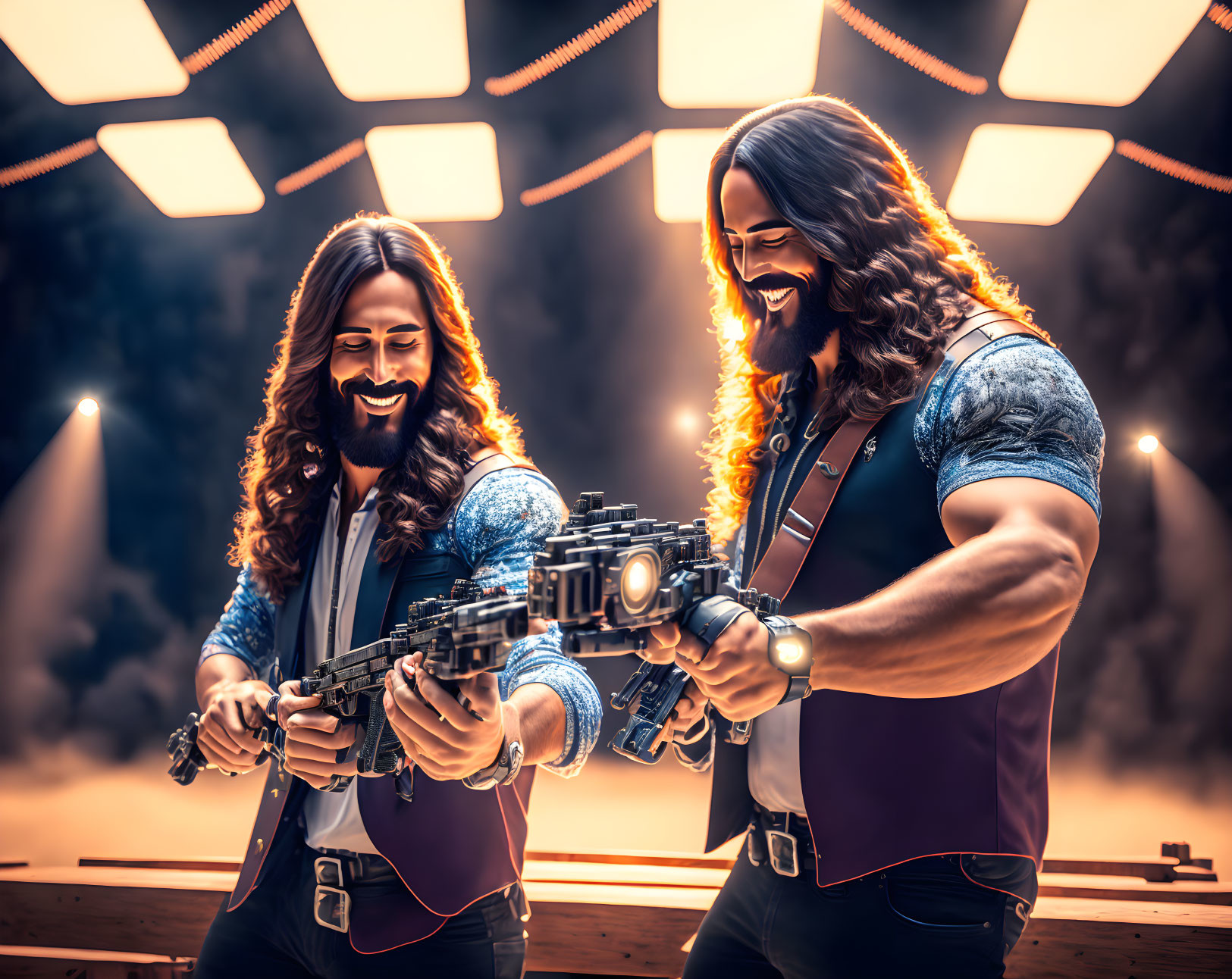 Two men in futuristic attire with long hair and beards holding sci-fi guns under bright lights