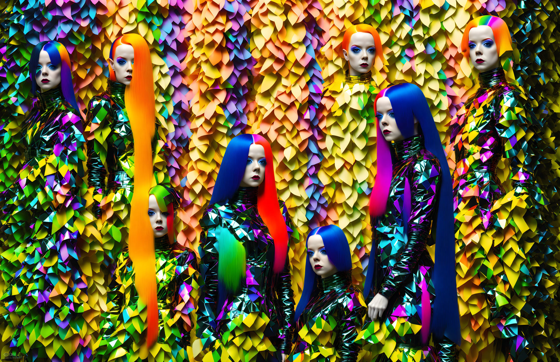 Colorful Bob Hairstyle Mannequins in Patterned Outfits on Origami Backdrop