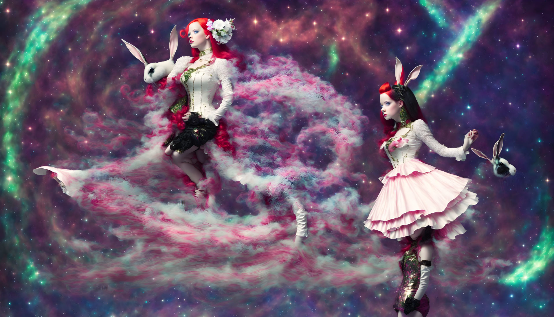 Two women in fantasy rabbit-themed outfits on cosmic backdrop.