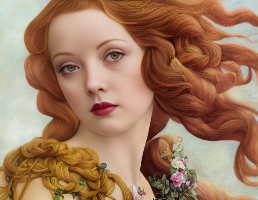 Digital painting of woman with flowing red hair, green eyes, and floral braids.