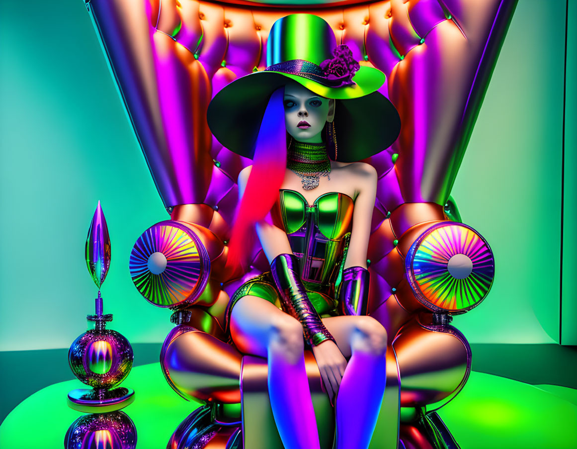 Figure in bold makeup & green corset against futuristic backdrop
