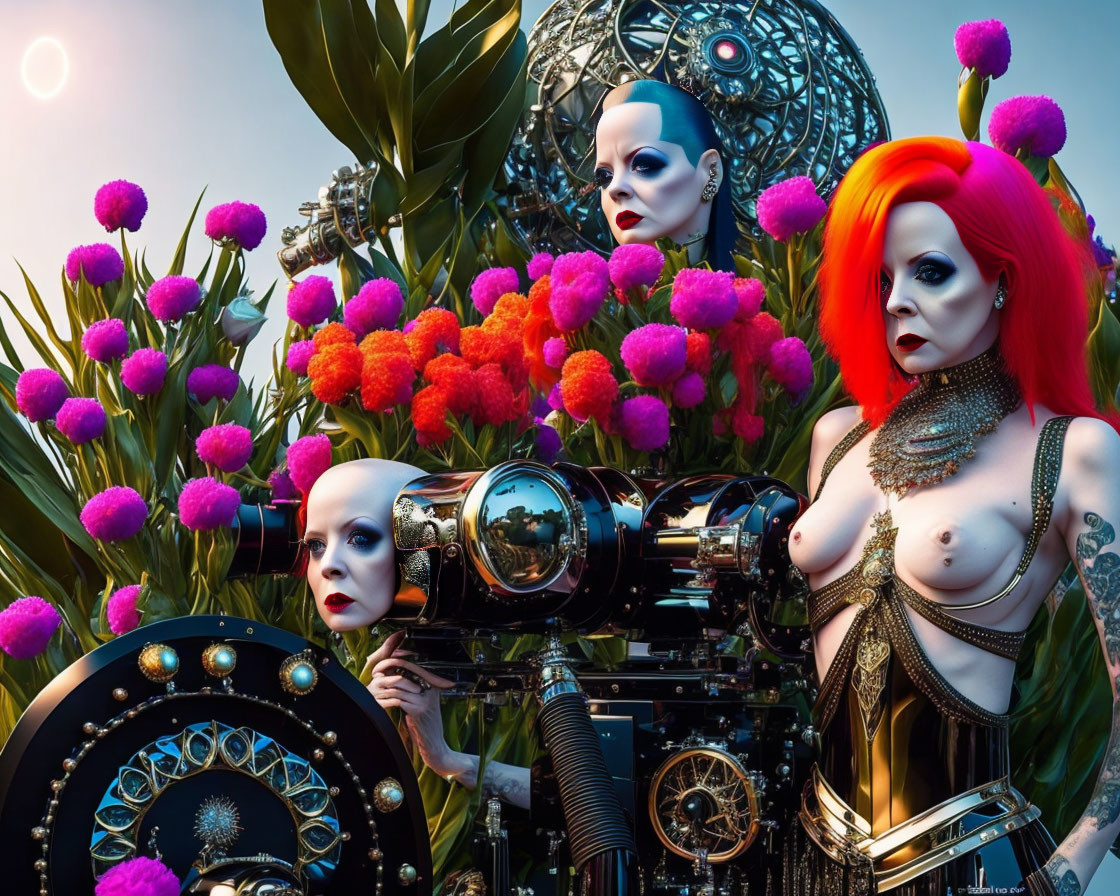 Vibrant fantasy setting with three futuristic female figures and elaborate makeup