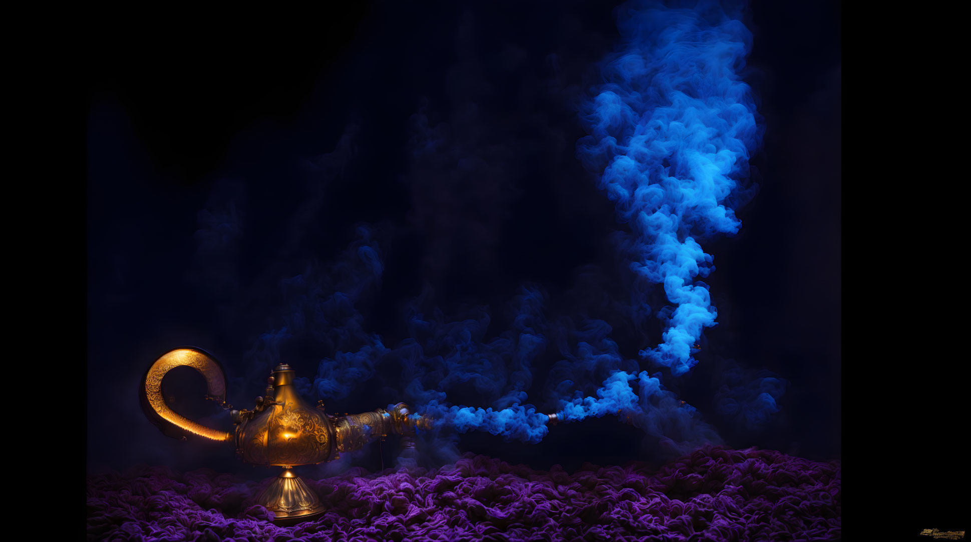 Golden lamp with swirling blue smoke on dark background