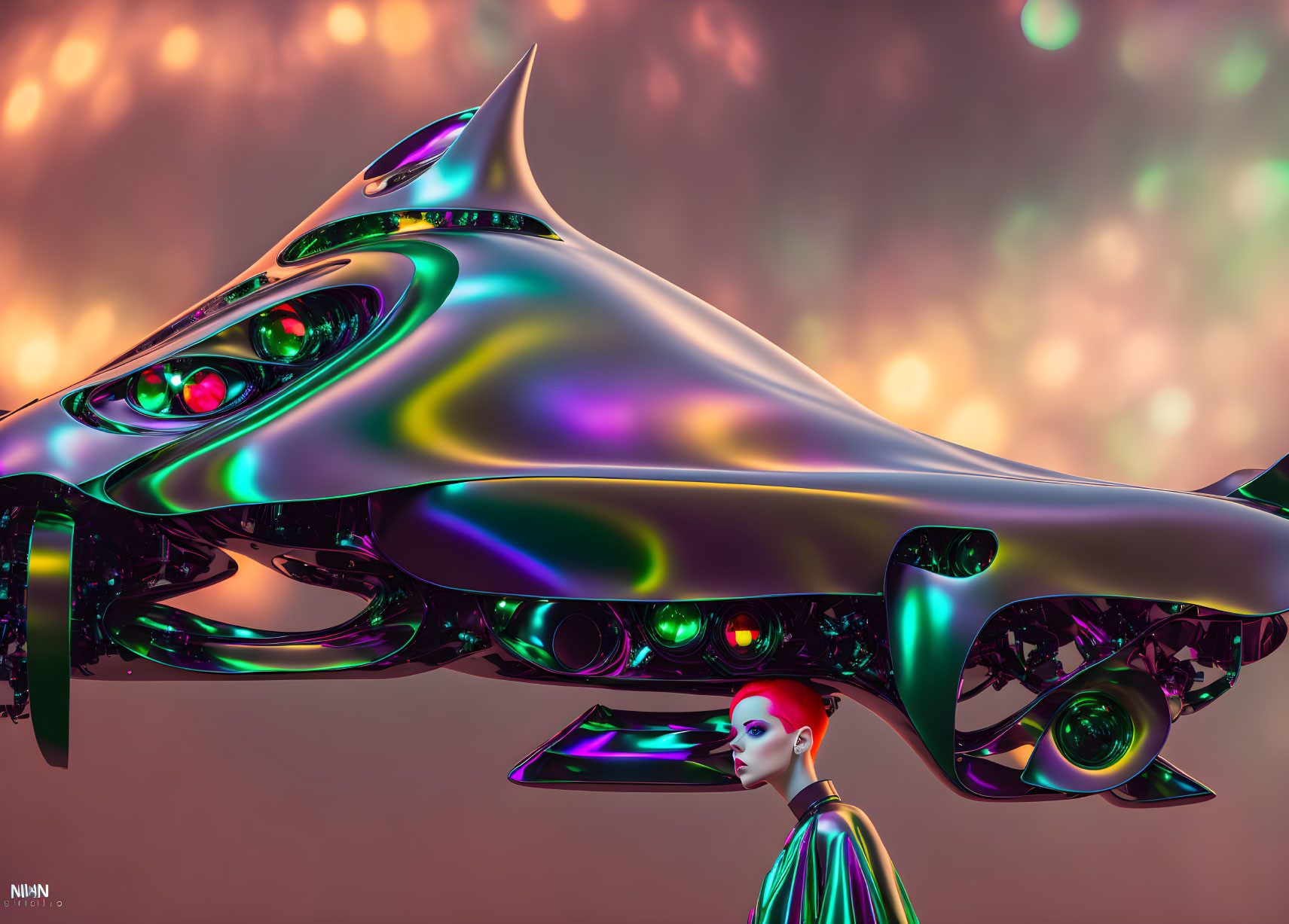 Surreal humanoid figure with red hair near colorful futuristic vehicle structure