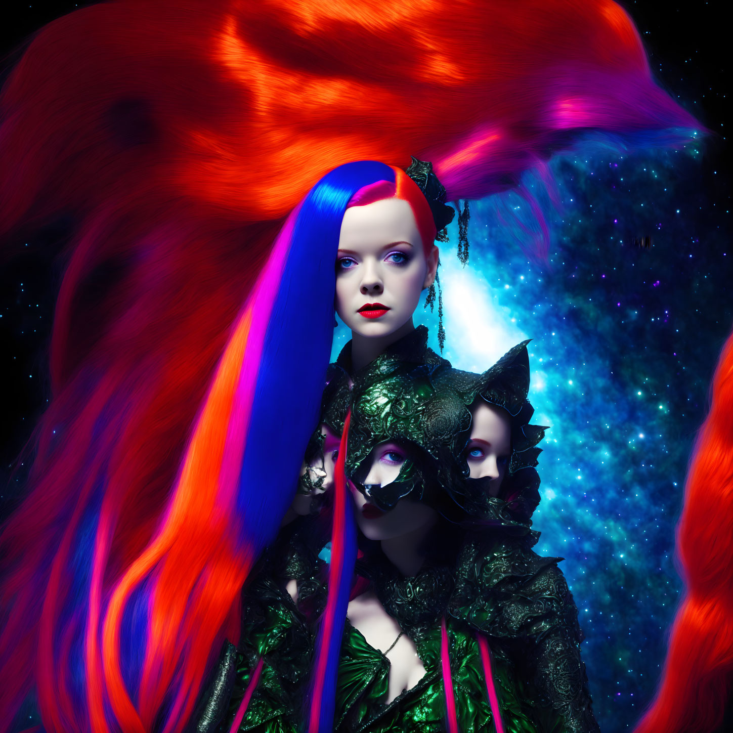 Colorful portrait of woman with blue and red hair in cosmic setting with two dark figures