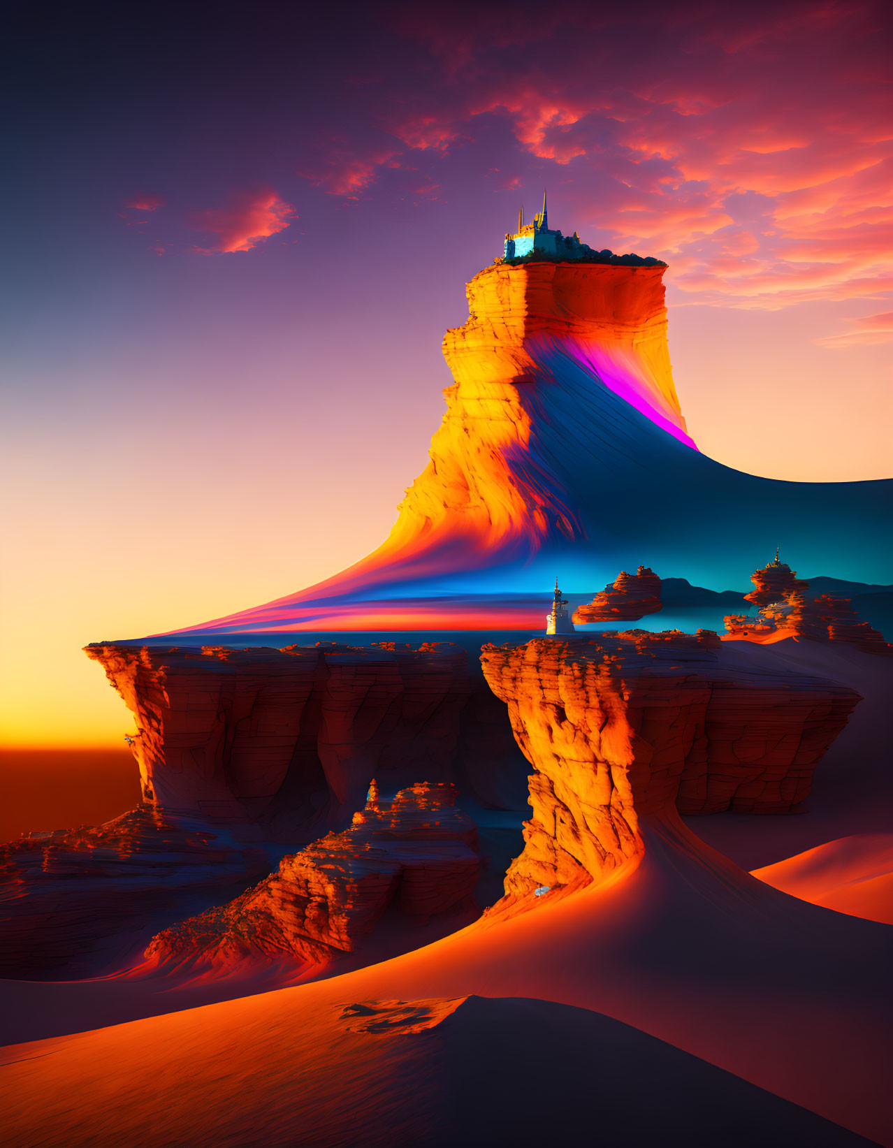 Vibrant Digital Art: Desert Sandstone Formation with Castle-Like Structure