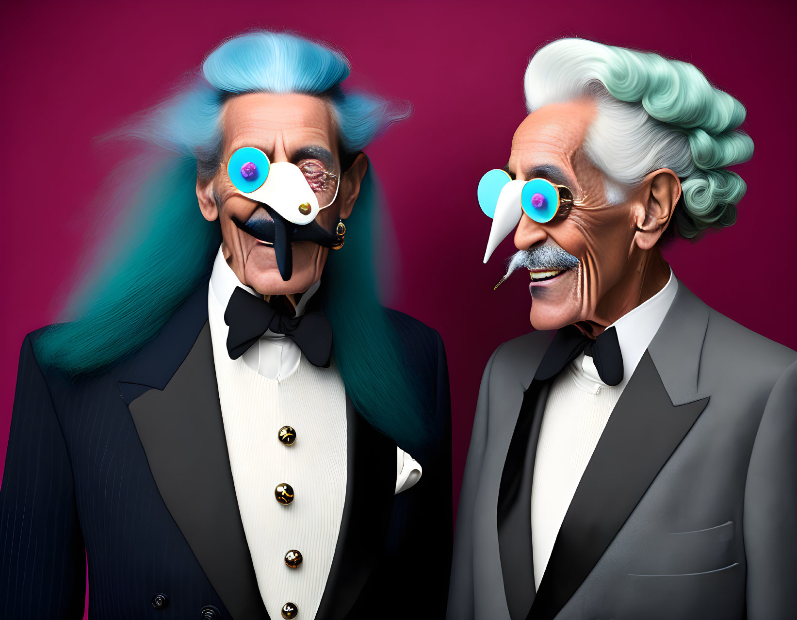 Stylized elderly male characters in formal attire with colorful hair and whimsical glasses on pink background