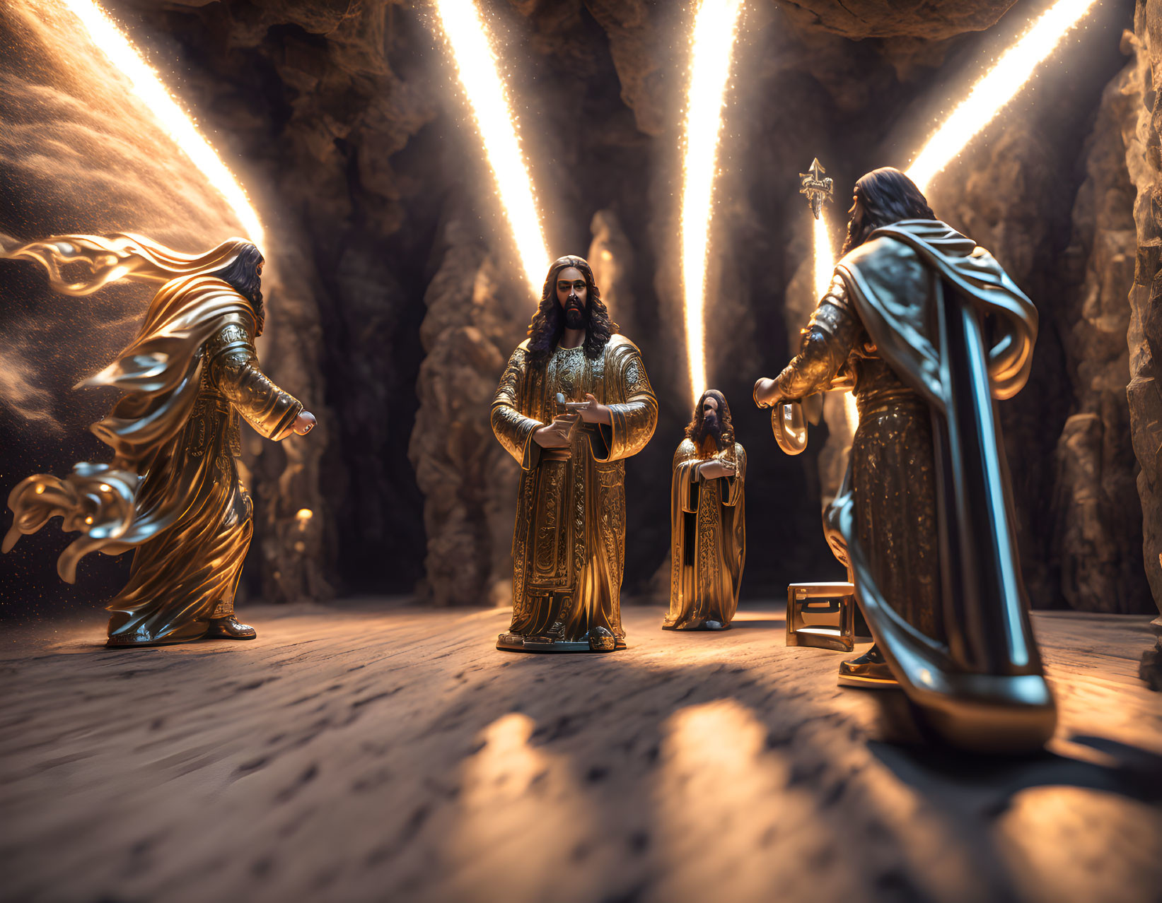 Three ornate gold-clad biblical Magi figures in a cave with light rays.