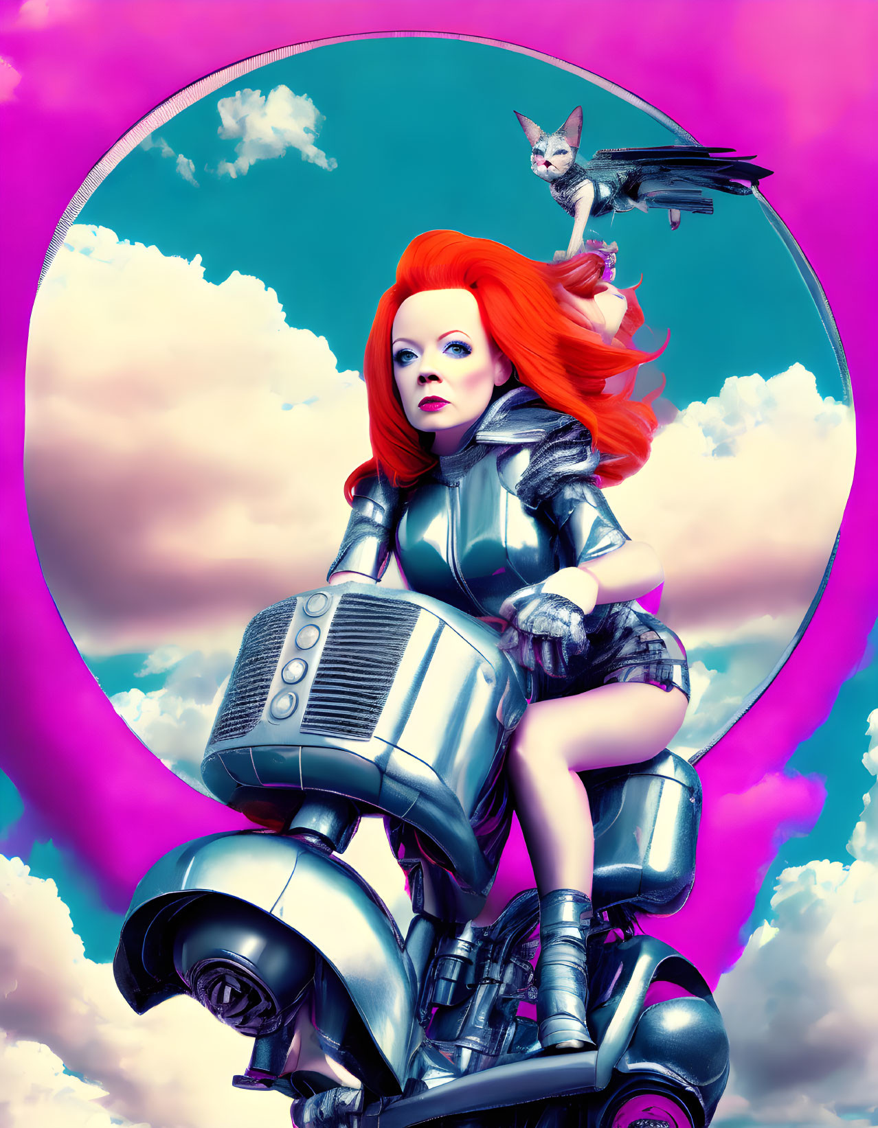 Bright red-haired woman in metallic outfit rides silver scooter with cat through clouds