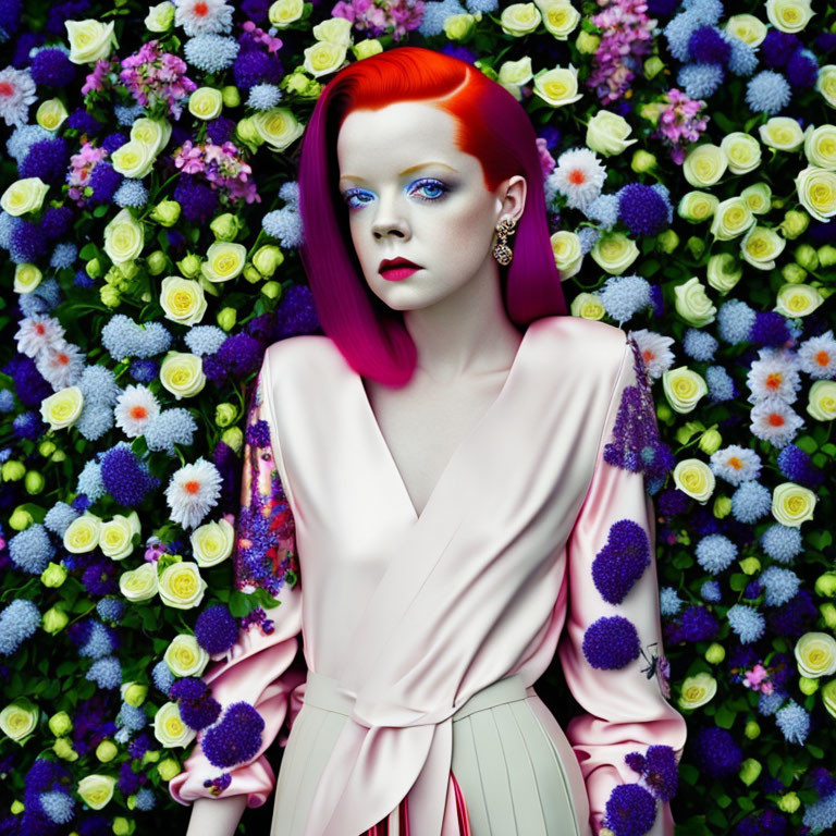 Red-haired woman in pastel dress among colorful flowers