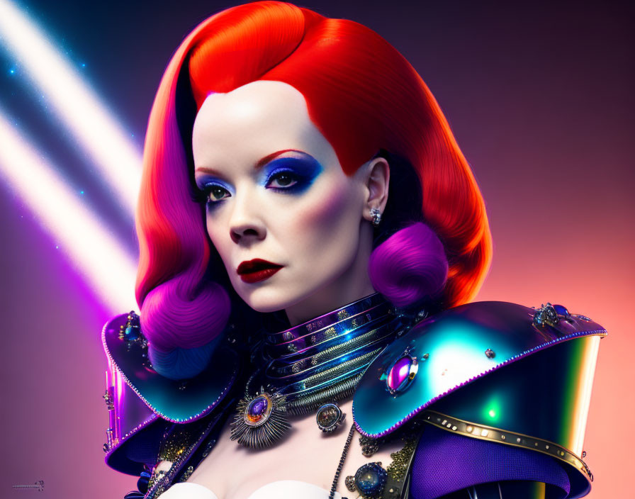 Vibrant red hair woman in futuristic metallic armor portrait