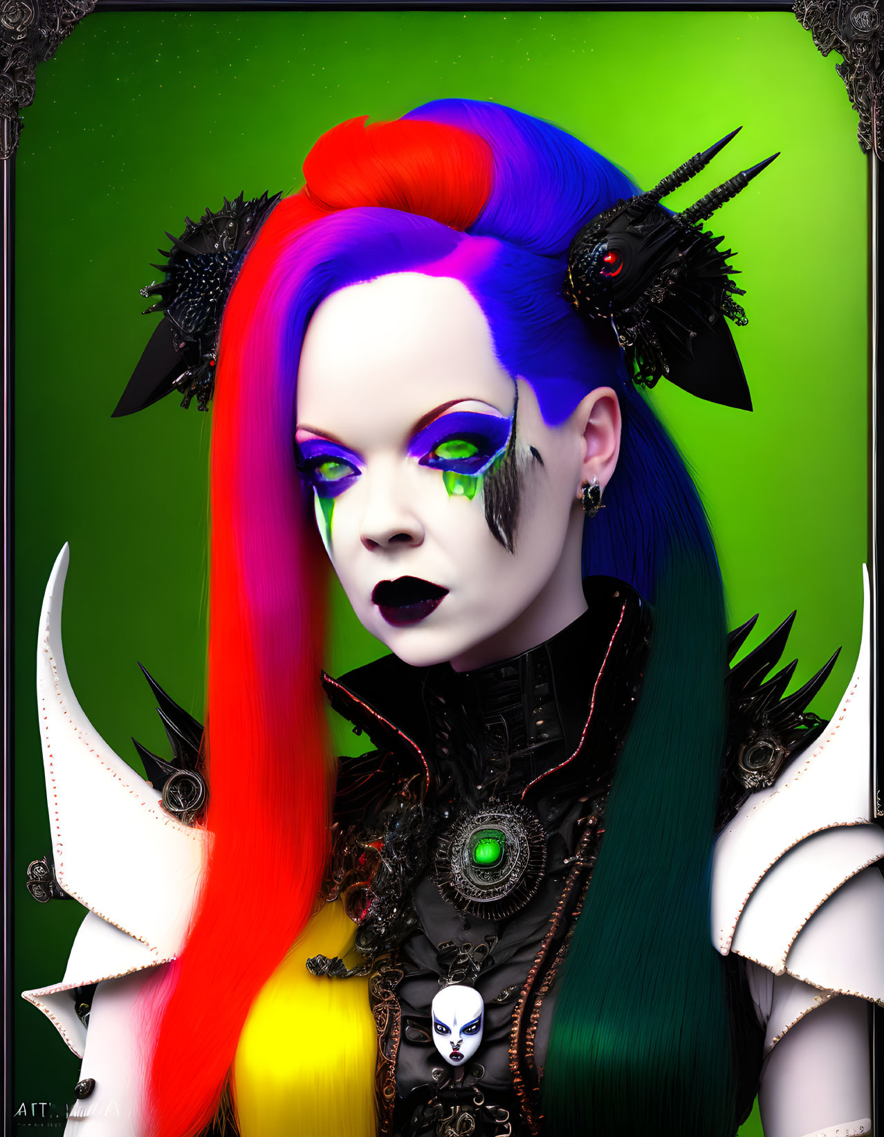 Colorful Mohawk and Gothic Attire Portrait on Green Background