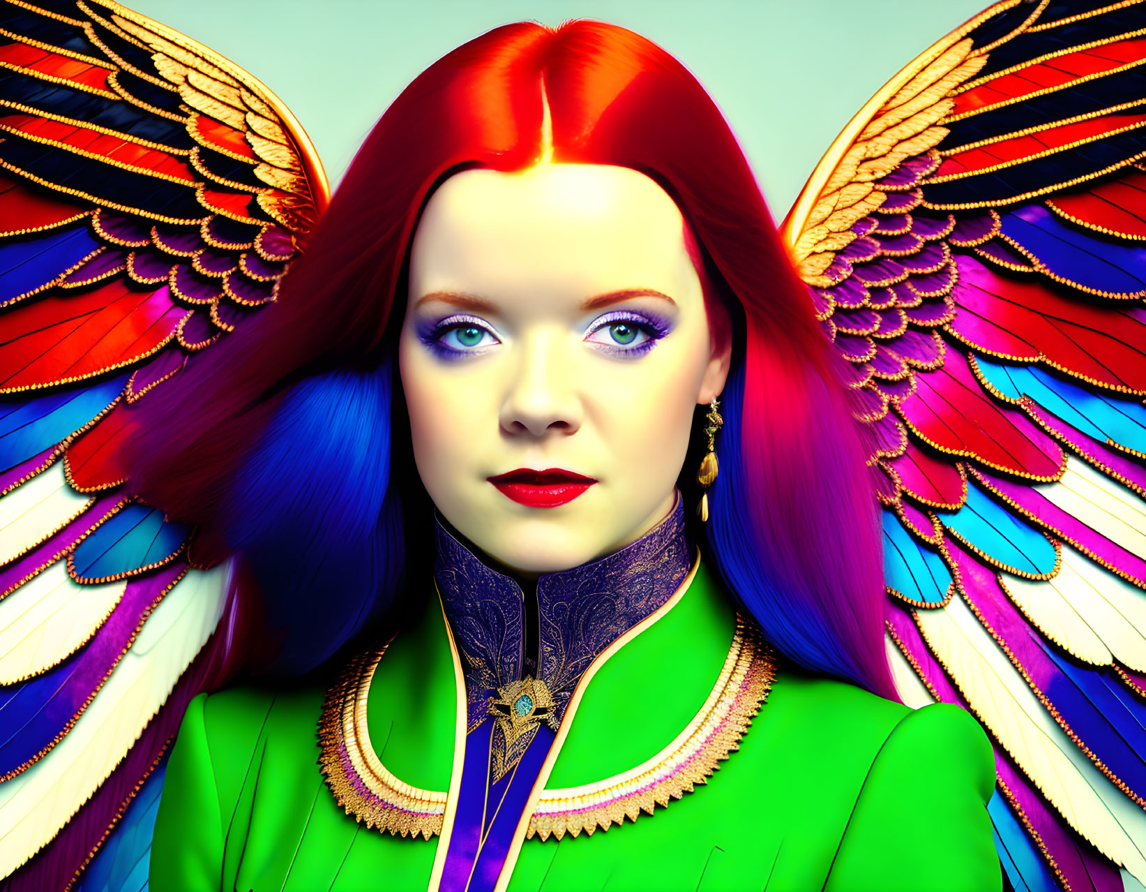 Colorful digital artwork of a woman with red and blue hair and parrot-like wings