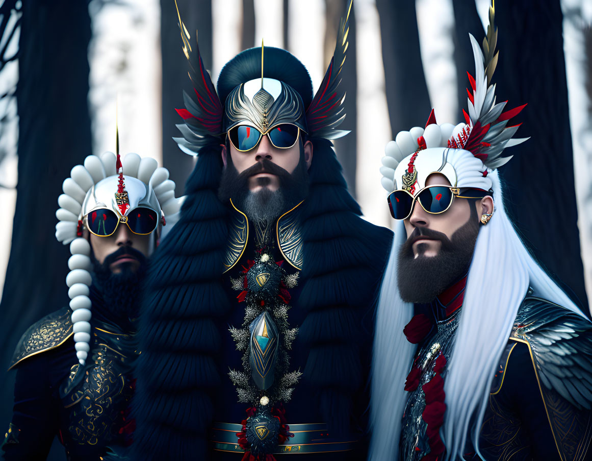 Three noble characters in elaborate costumes with feathered headdresses and sunglasses in forest setting