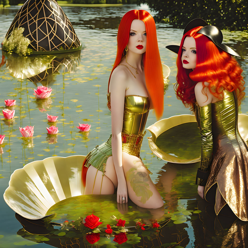 Stylized women with red hair on water lily pads in a floral pond