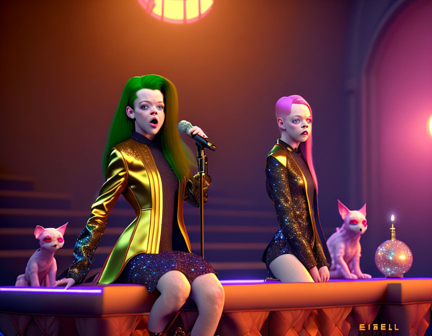 Animated female singers with green and magenta hair perform with hairless cats on stage