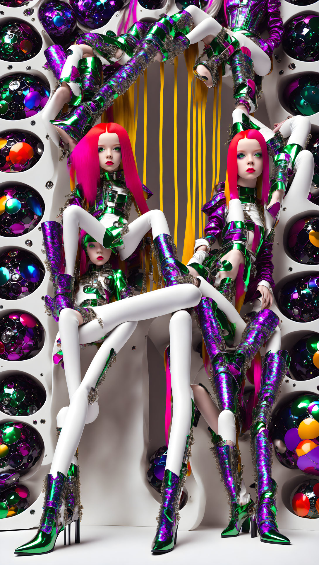 Two Female Figures in Bright Pink Hair and Futuristic Outfits with Spherical Colorful Objects