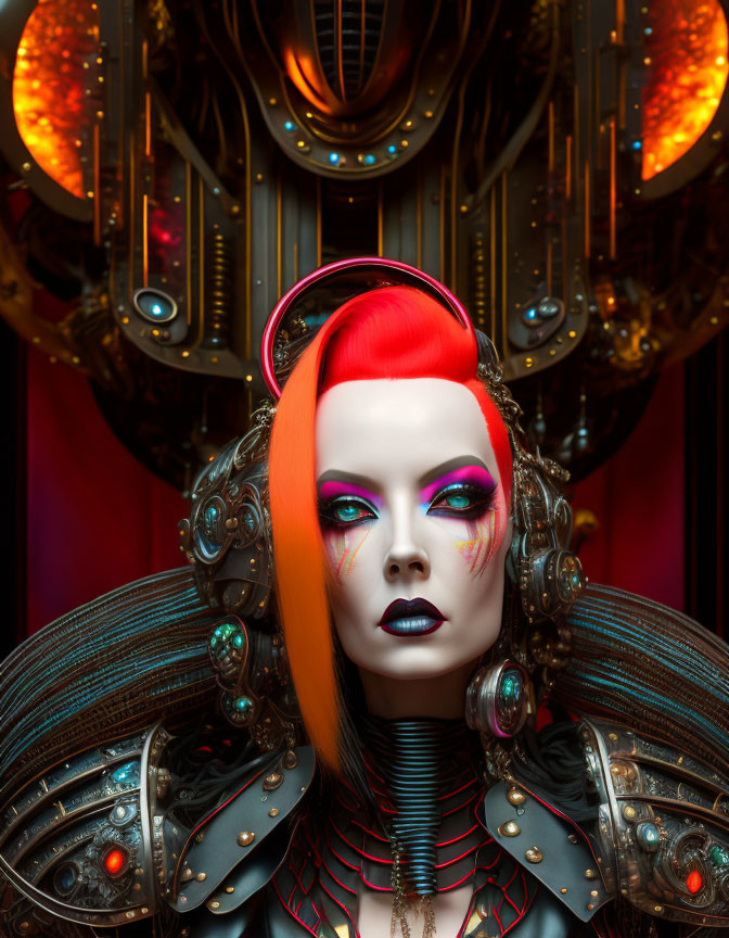 Futuristic female android with red and orange hair and dramatic makeup