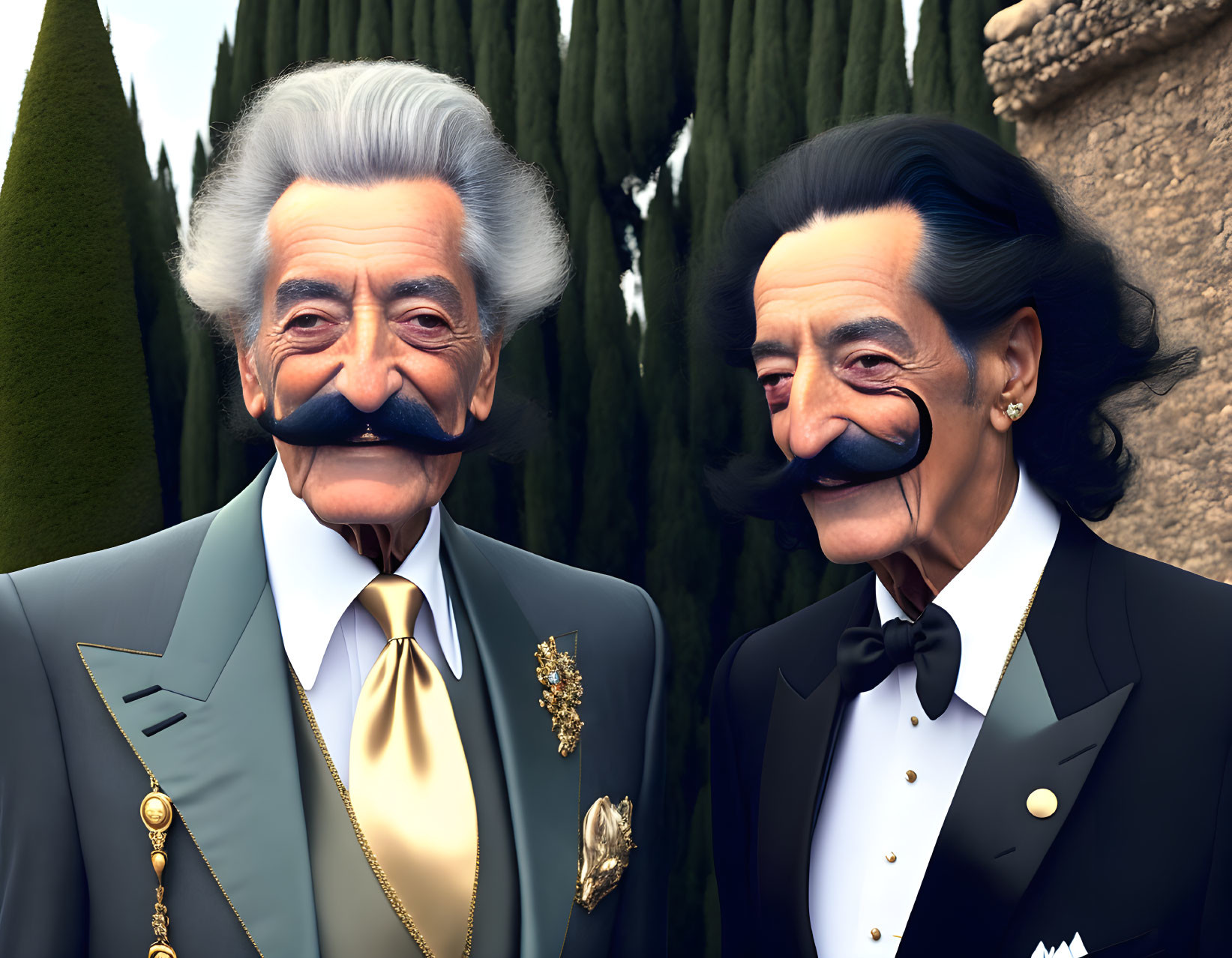 Elderly CGI gentlemen in stylish attire with big mustaches smiling