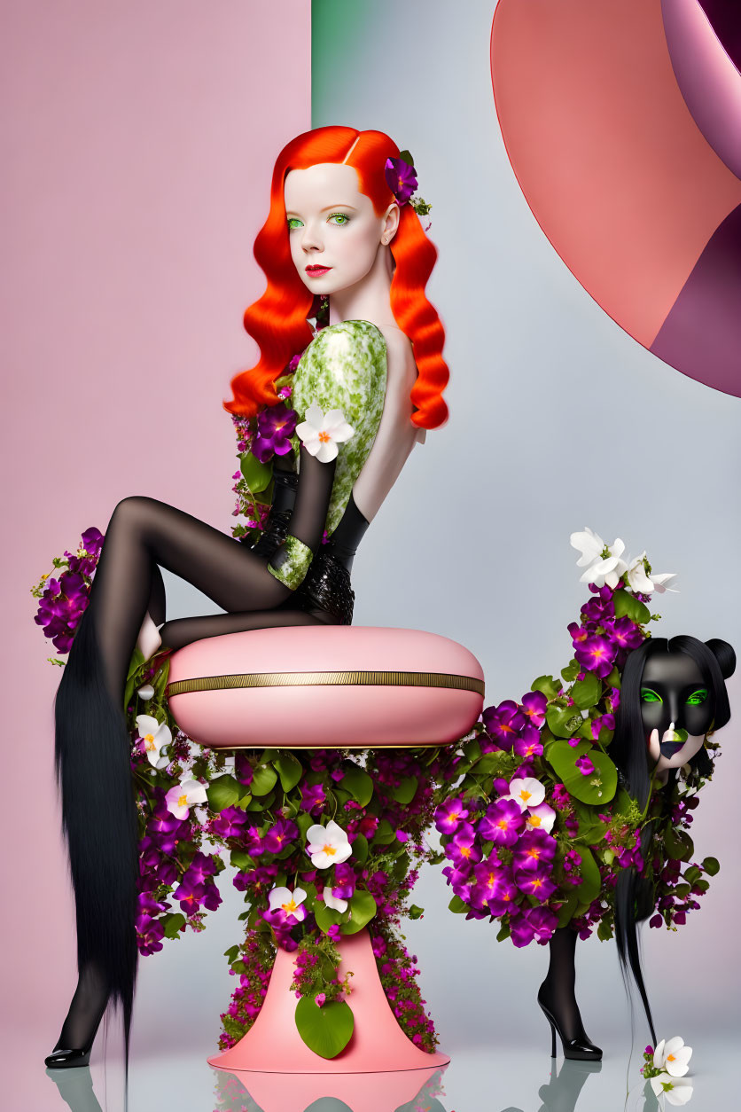 Illustration of woman with red hair and black creature on floral stool