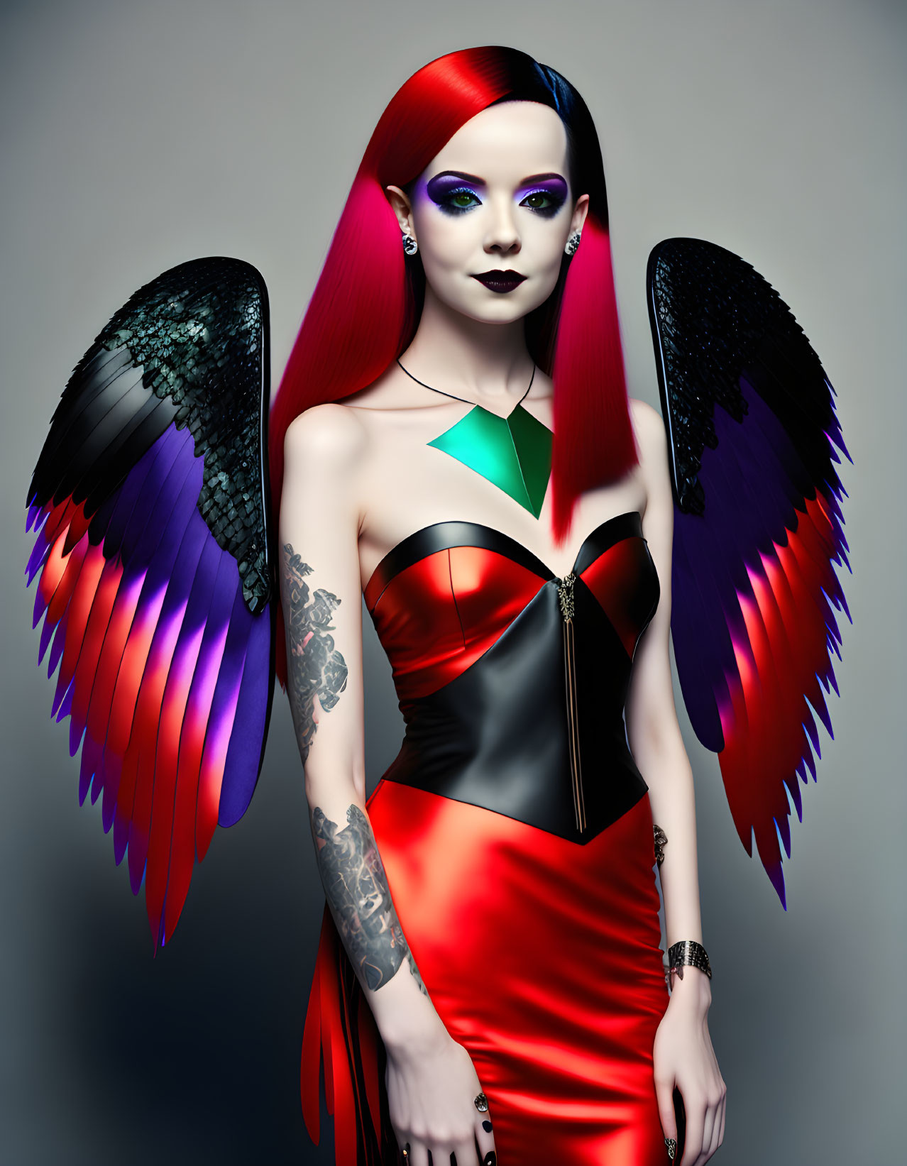 Red and Black Hair, Purple Eye Makeup, Colorful Wings, Black and Red Dress, Tattoos