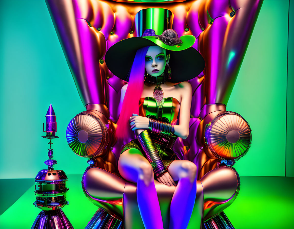 Surrealist digital art: Female figure with green skin on futuristic throne